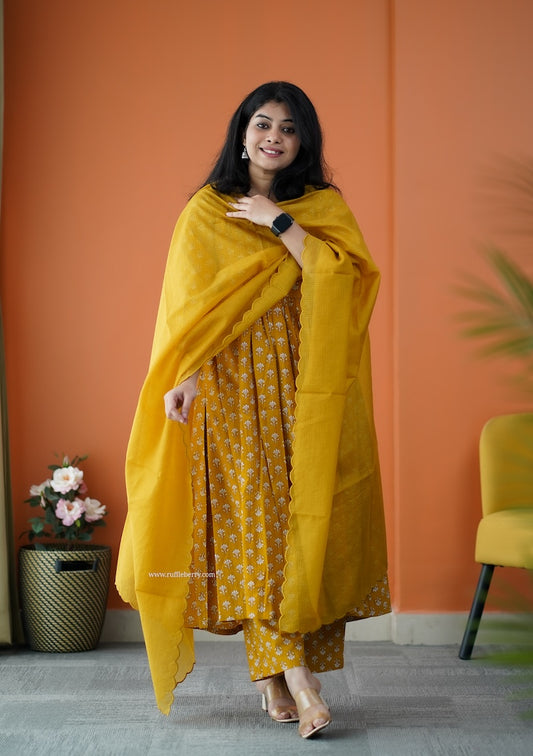 Nyra Mustard Yellow 3-Piece Cotton Co-ord Set