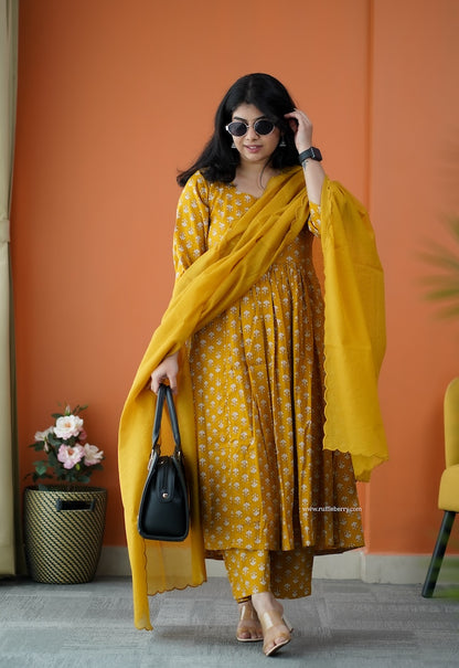 Nyra Mustard Yellow 3-Piece Cotton Co-ord Set