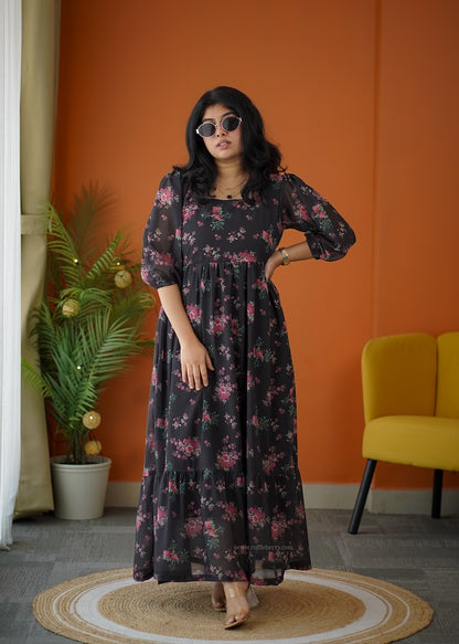 Elsa Charcoal Maxi Tier Georgette Dress