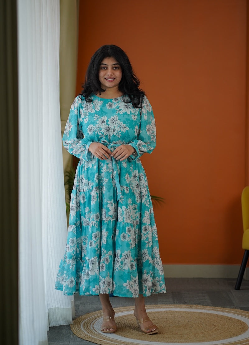 elsa sea mist maxi tier georgette dress