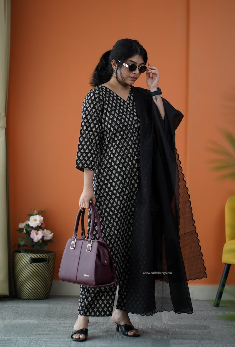 nyra black coffee 3-piece cotton co-ord set
