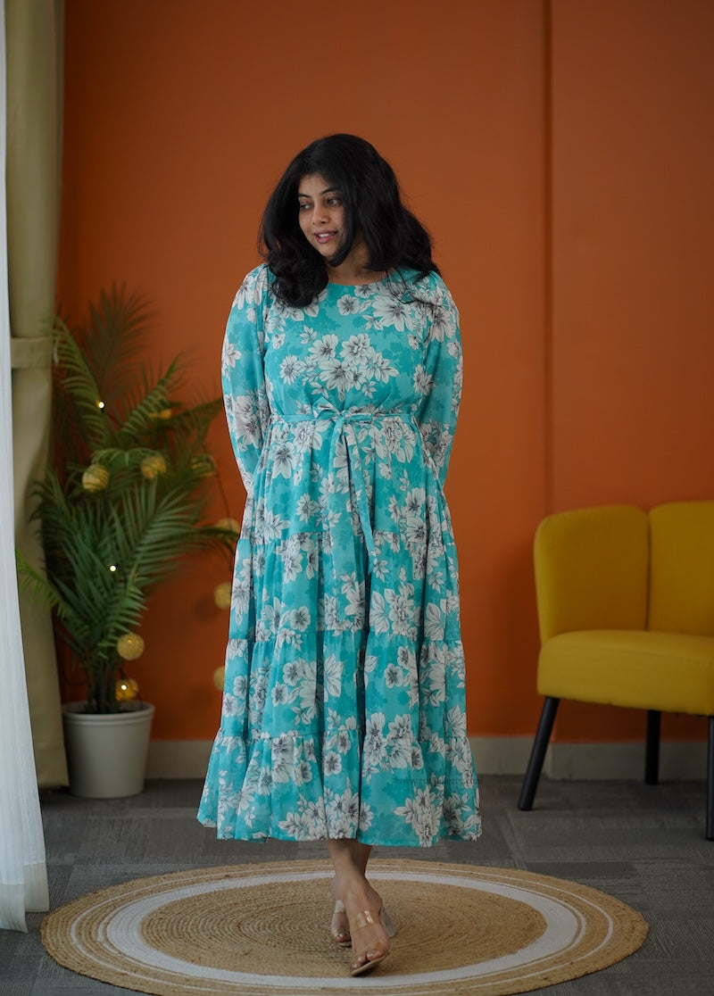 elsa sea mist maxi tier georgette dress