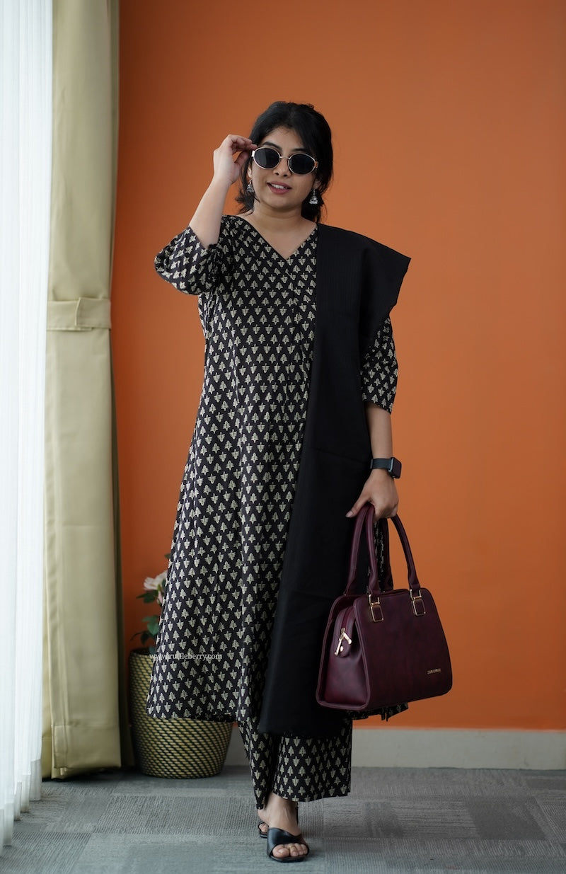 nyra black coffee 3-piece cotton co-ord set