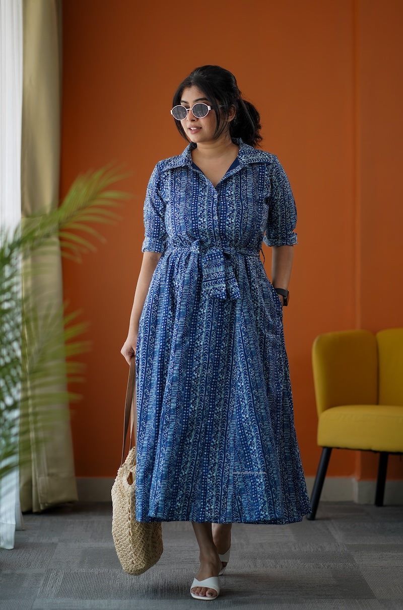sumlove indigo cotton flared shirt dress