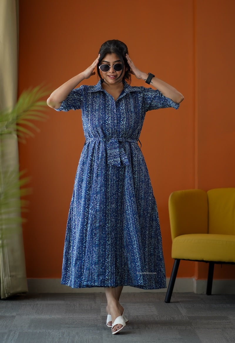 sumlove indigo cotton flared shirt dress