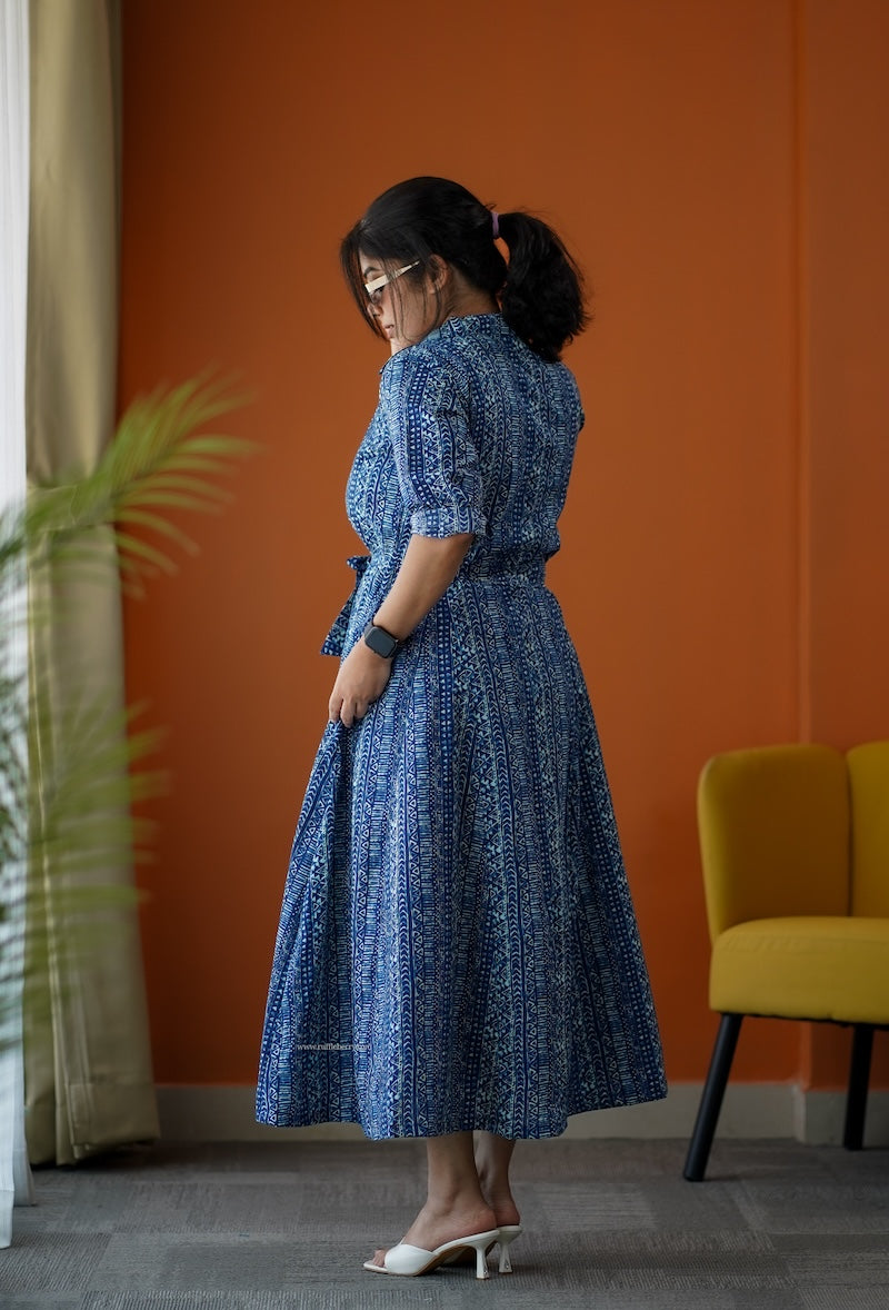 sumlove indigo cotton flared shirt dress