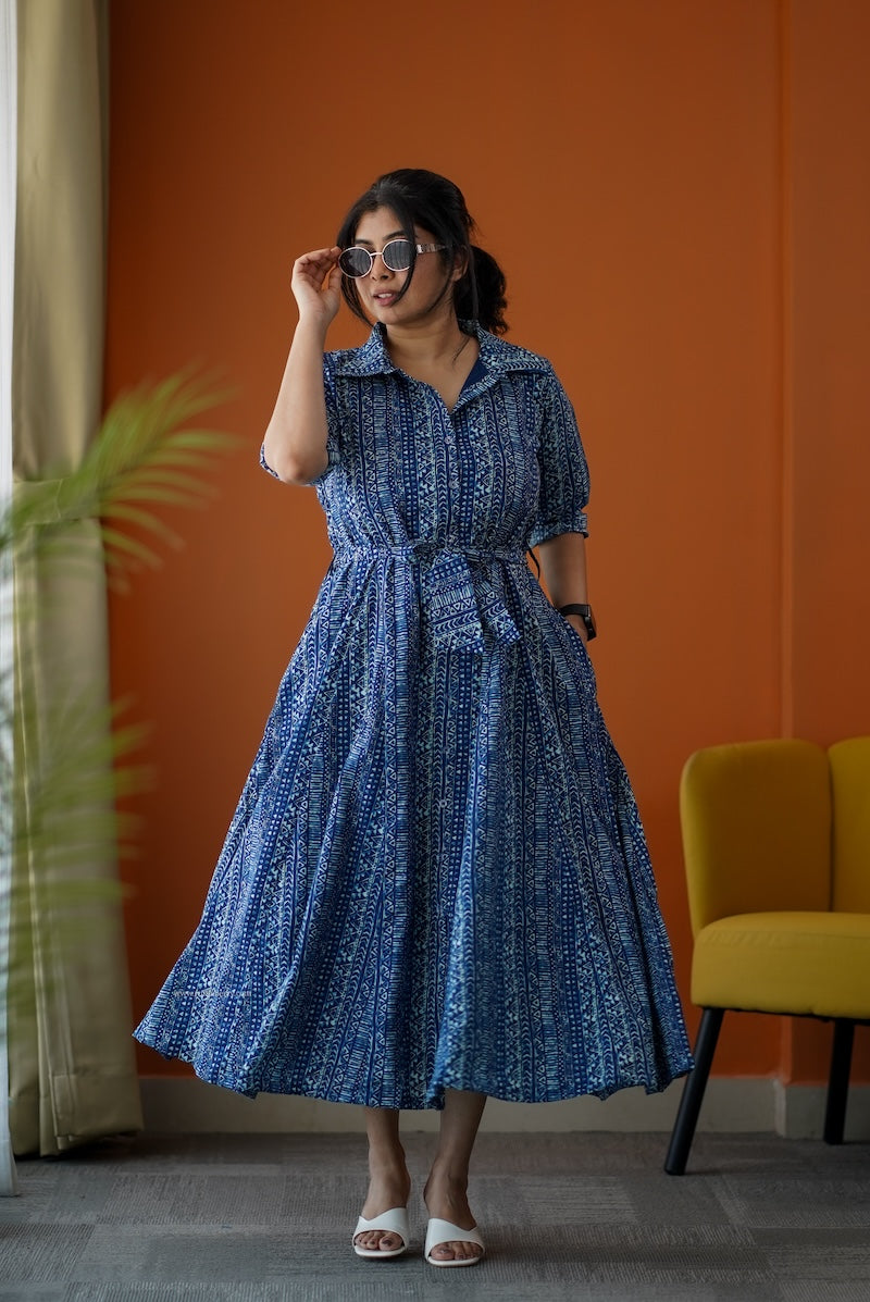 sumlove indigo cotton flared shirt dress