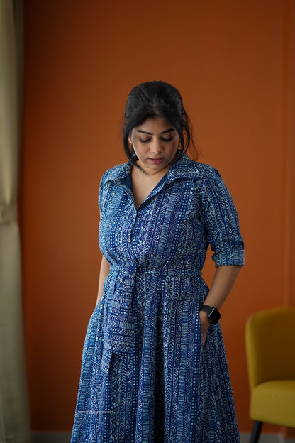 SumLove Indigo Cotton Flared Shirt Dress