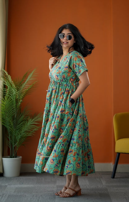 SumLove Green Cotton Tier Dress