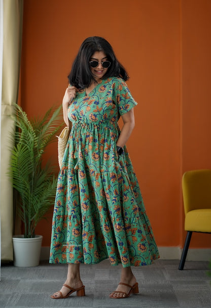 SumLove Green Cotton Tier Dress