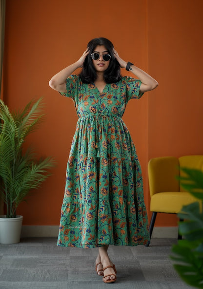 SumLove Green Cotton Tier Dress