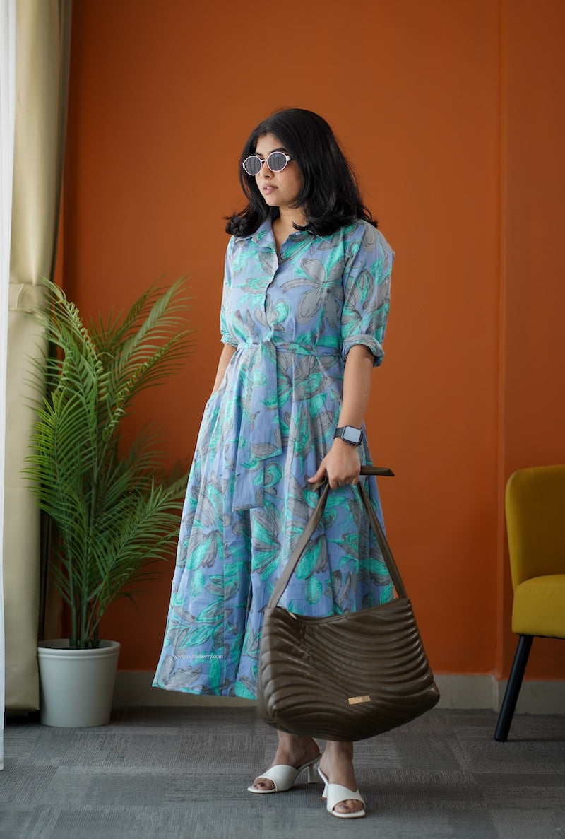 sumlove tropical cotton flared shirt dress