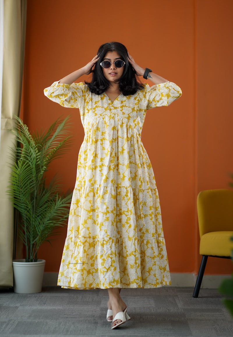 sumlove yellow cotton tier dress