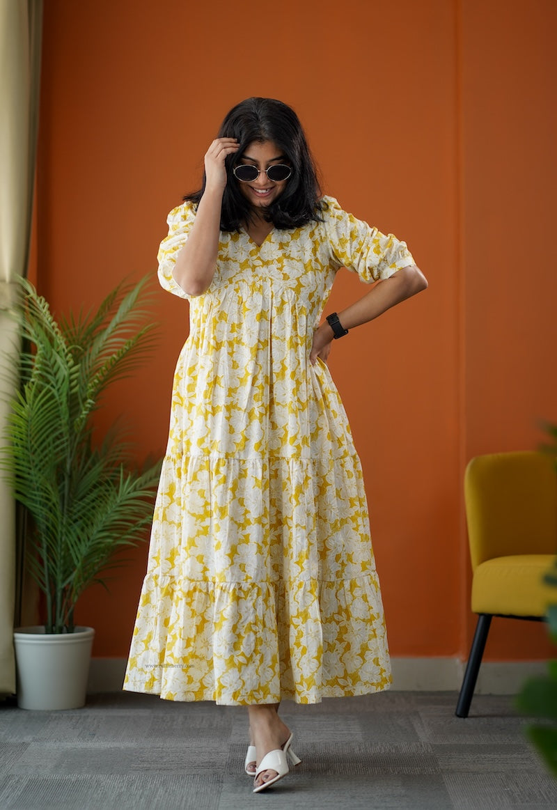 sumlove yellow cotton tier dress