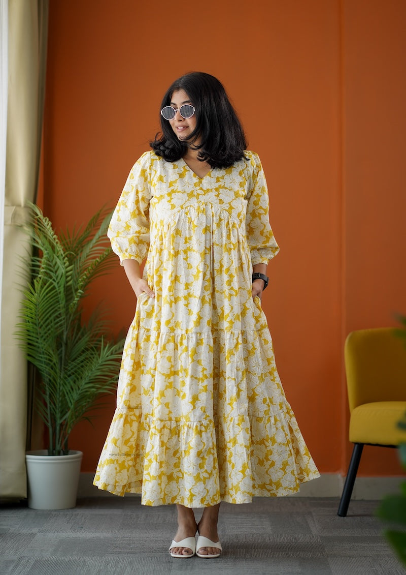 sumlove yellow cotton tier dress
