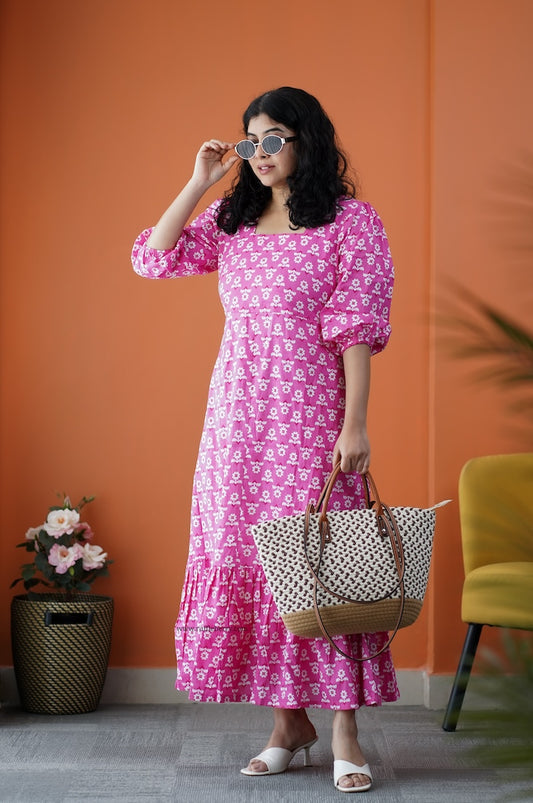 Dahlia Pink Daisy Cotton Aline Dress