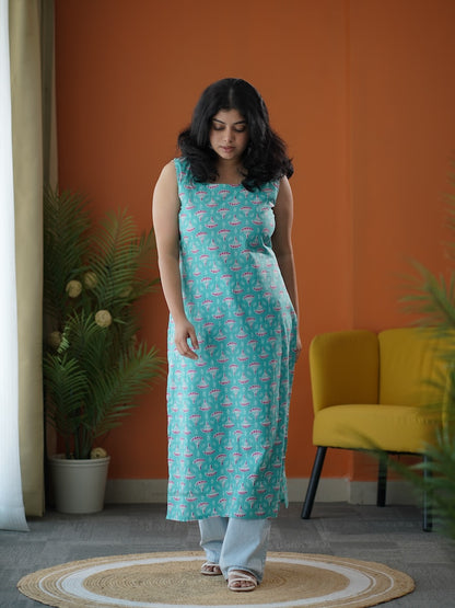 Turquoise Corset-Style Cotton Long Kurti