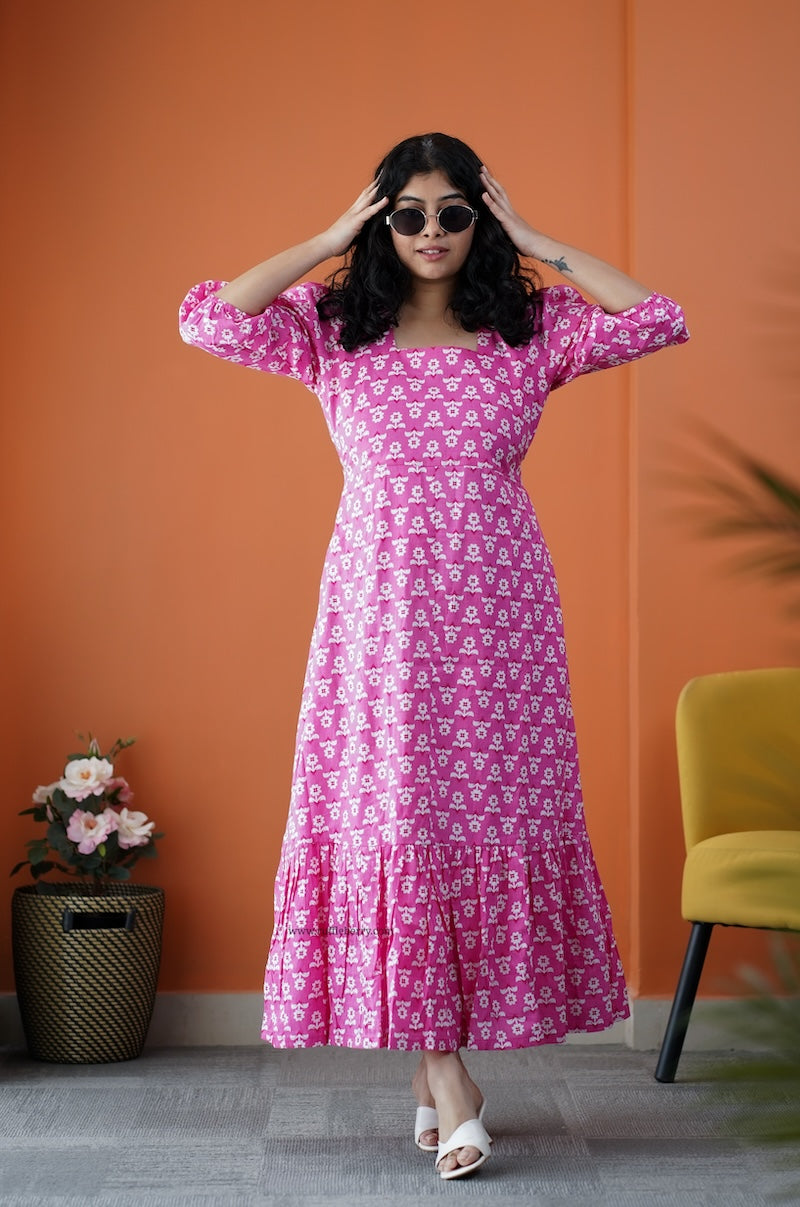dahlia pink daisy cotton aline dress