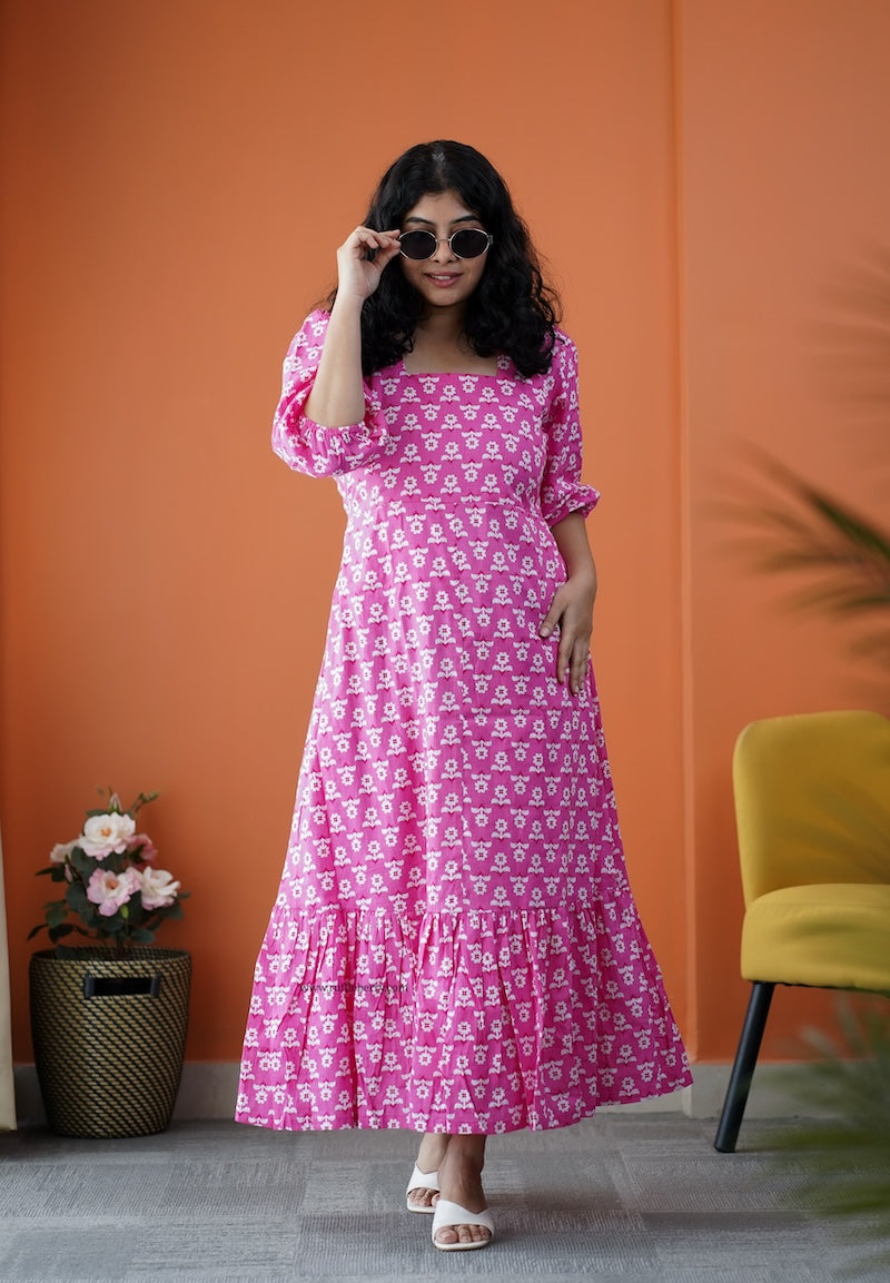 dahlia pink daisy cotton aline dress