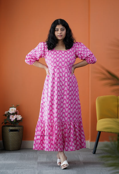 Dahlia Pink Daisy Cotton Aline Dress