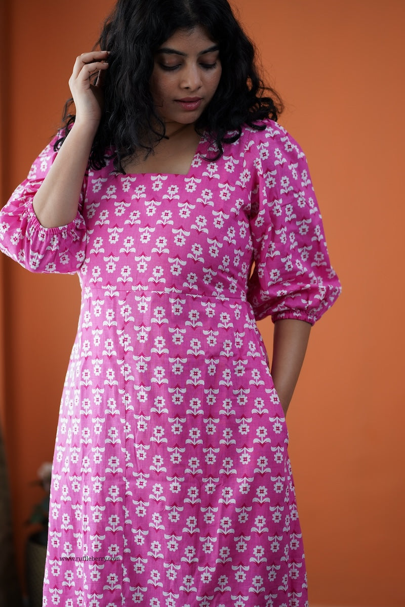 dahlia pink daisy cotton aline dress
