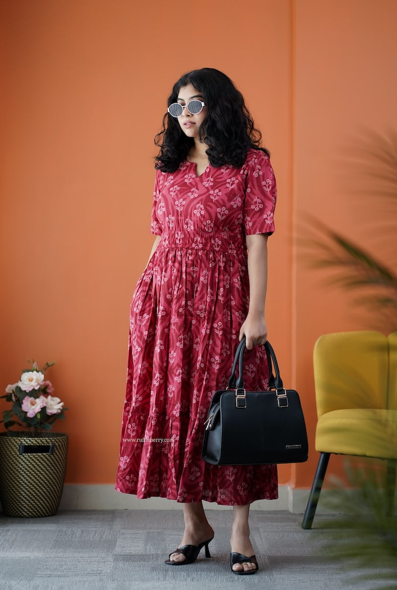 dahlia maroon cotton tier dress