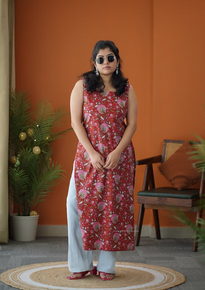 Red Floral Corset-Style Cotton Long Kurti
