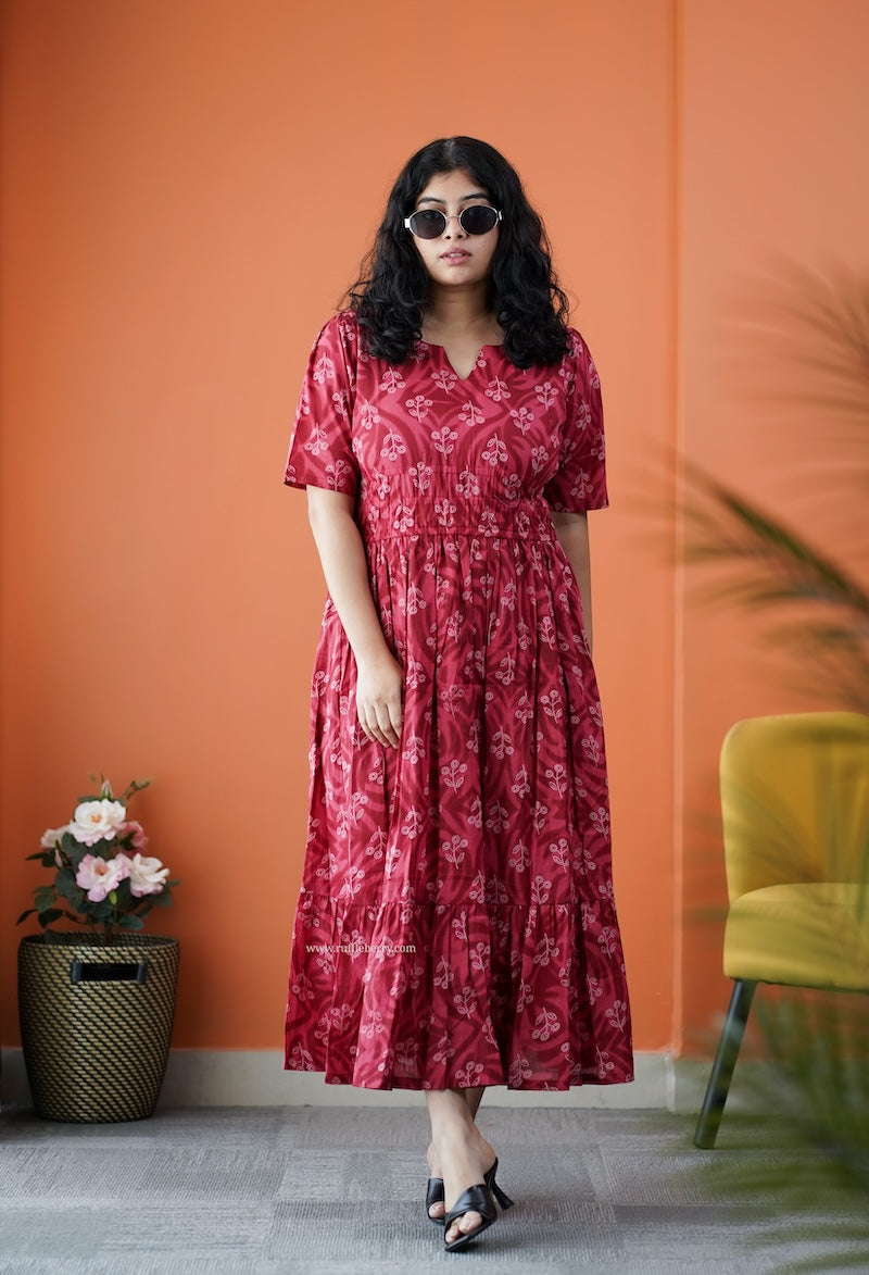 dahlia maroon cotton tier dress