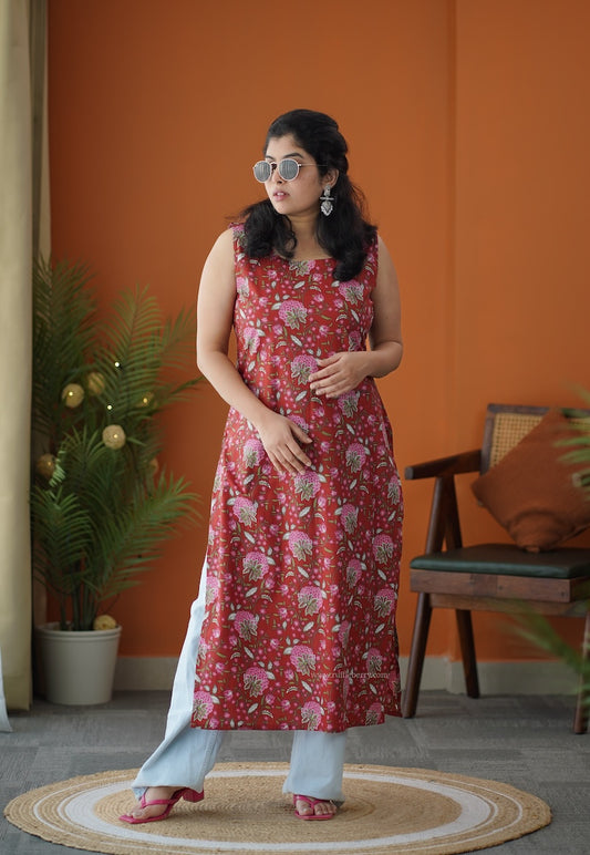 Red Floral Corset-Style Cotton Long Kurti