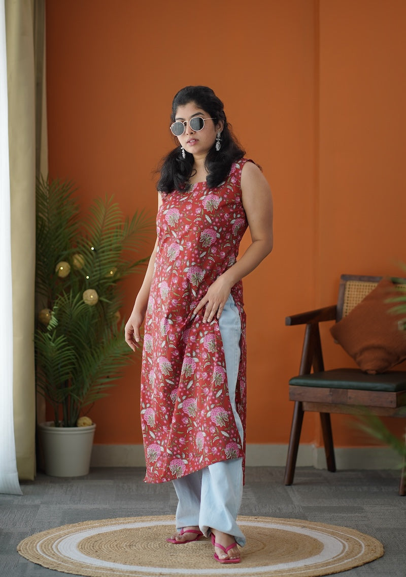 red floral corset-style cotton long kurti