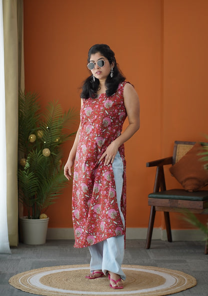 Red Floral Corset-Style Cotton Long Kurti