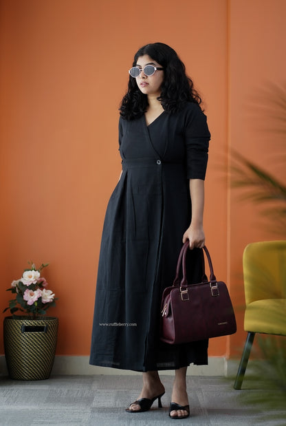 Dahlia Black Cotton Button Wrap Dress