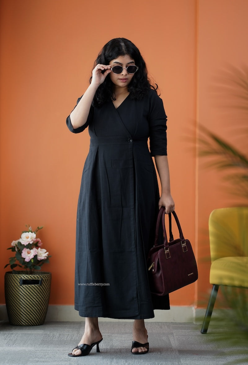 dahlia black cotton button wrap dress