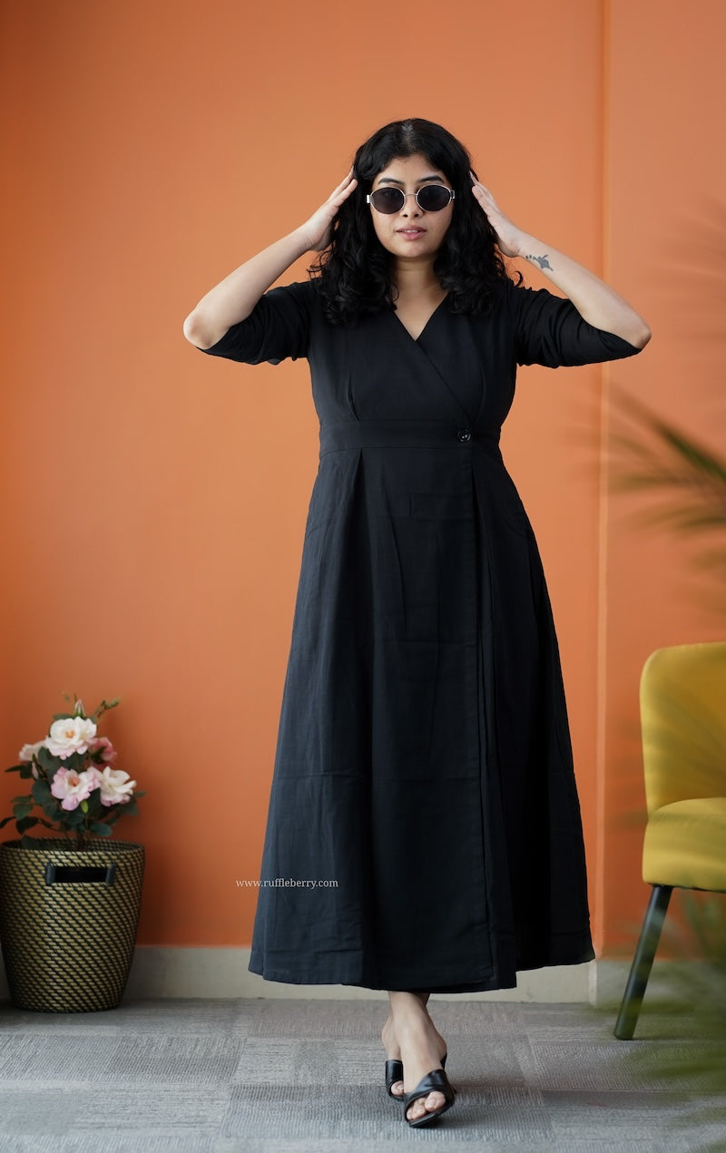 dahlia black cotton button wrap dress