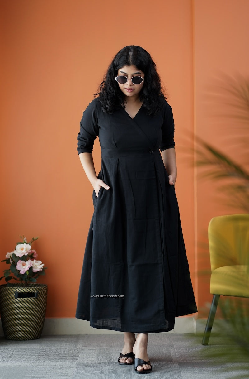 dahlia black cotton button wrap dress