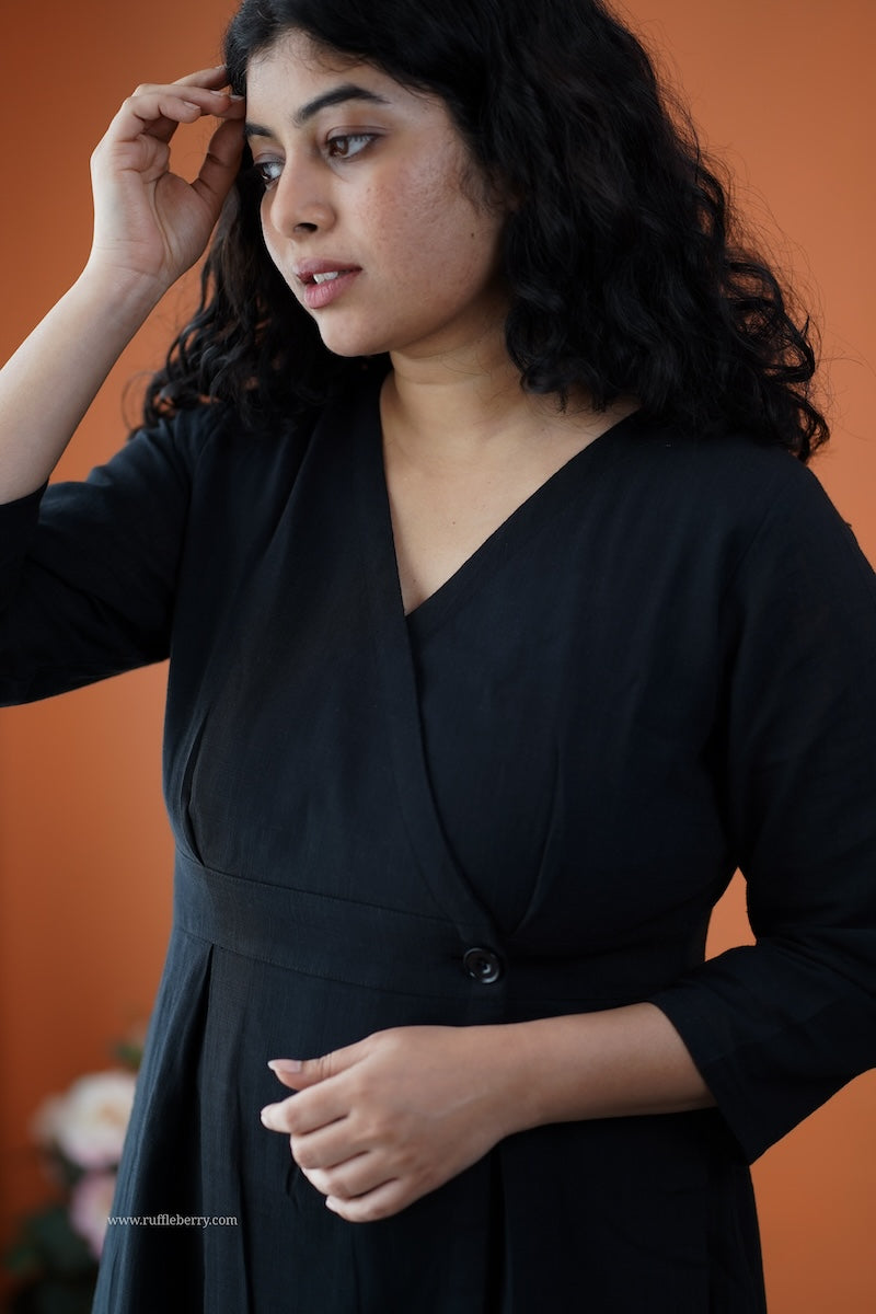 dahlia black cotton button wrap dress