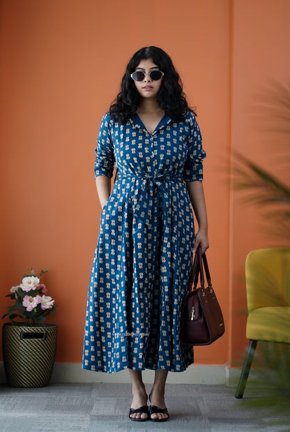 Dahlia Blue Cotton Flared Shirt Dress