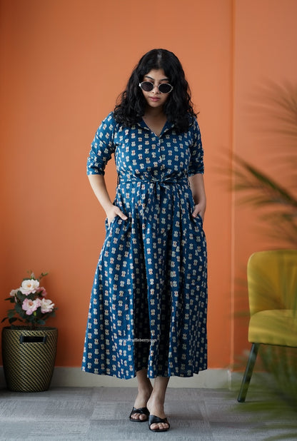 Dahlia Blue Cotton Flared Shirt Dress