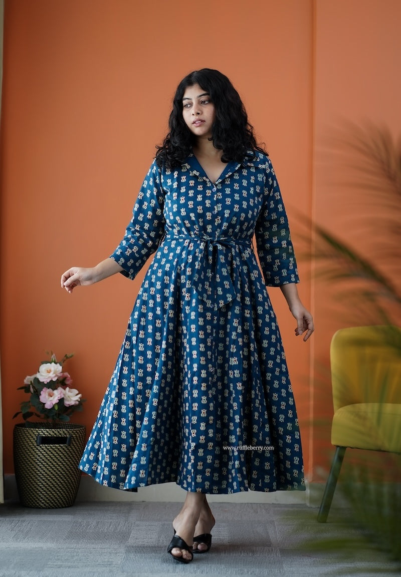dahlia blue cotton flared shirt dress