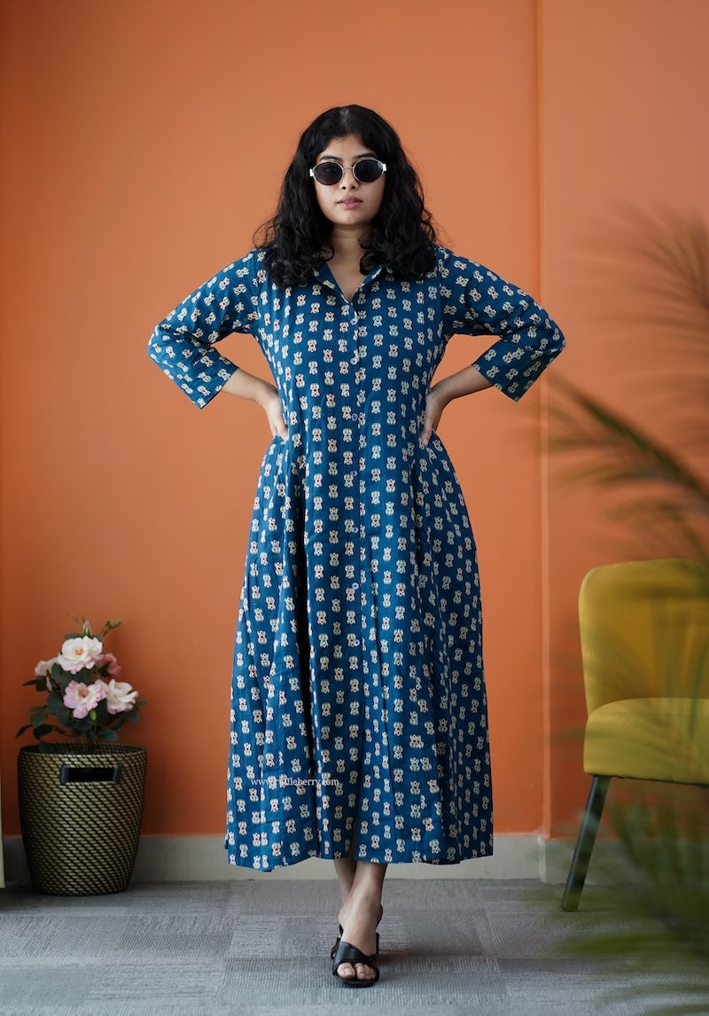 dahlia blue cotton flared shirt dress