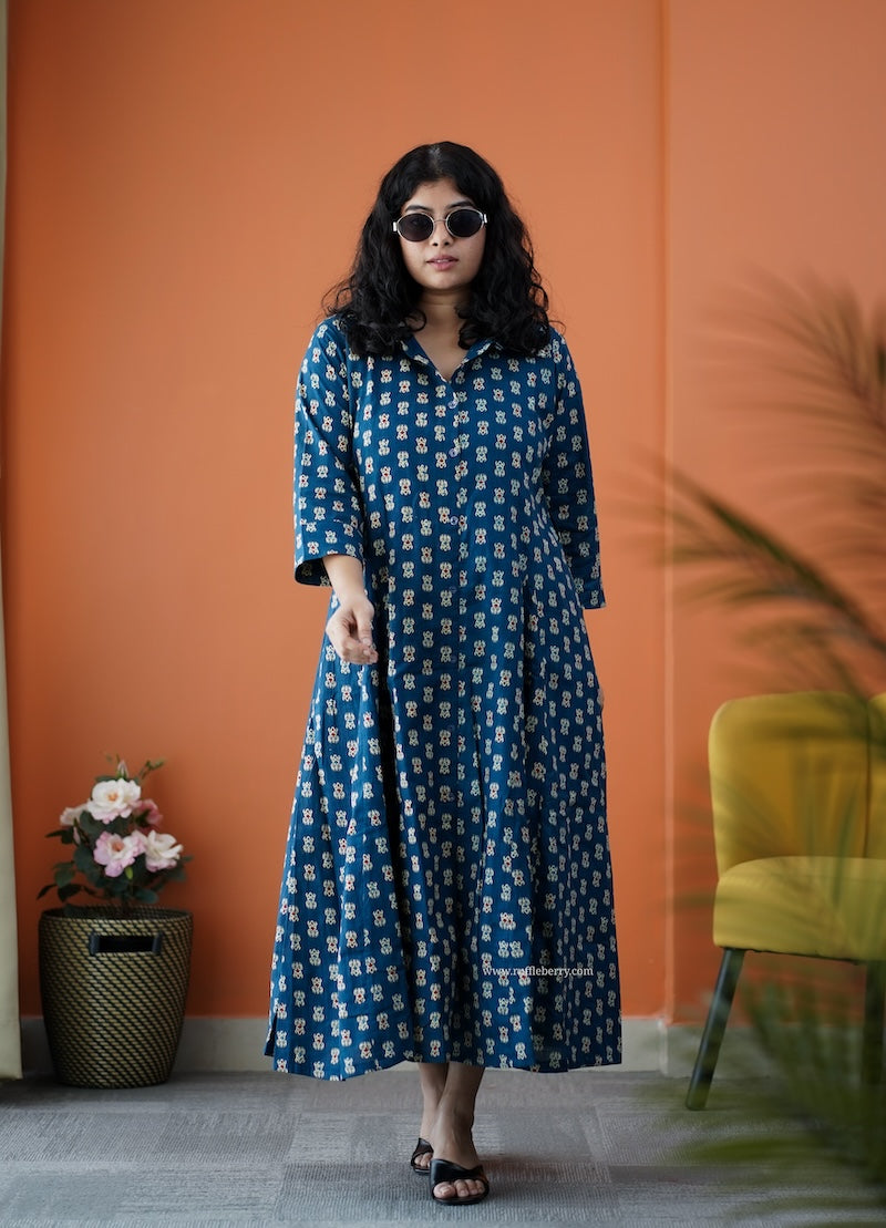 dahlia blue cotton flared shirt dress