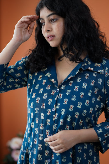 Dahlia Blue Cotton Flared Shirt Dress