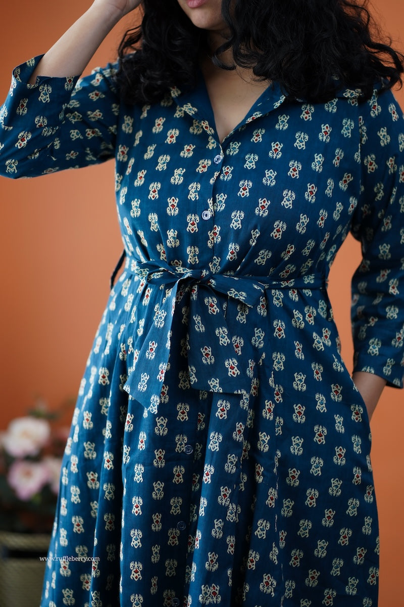 dahlia blue cotton flared shirt dress