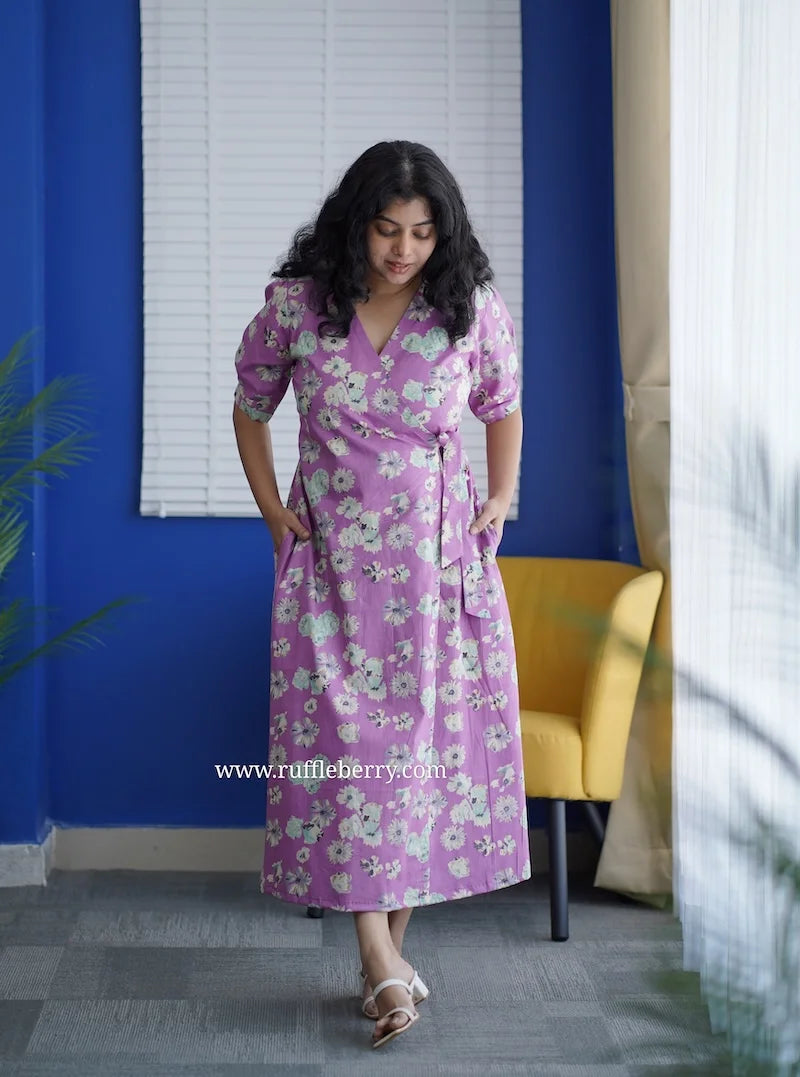 delilah lavender cotton wrap dress