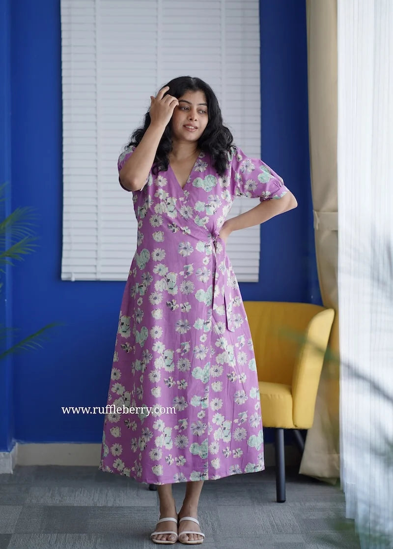 delilah lavender cotton wrap dress