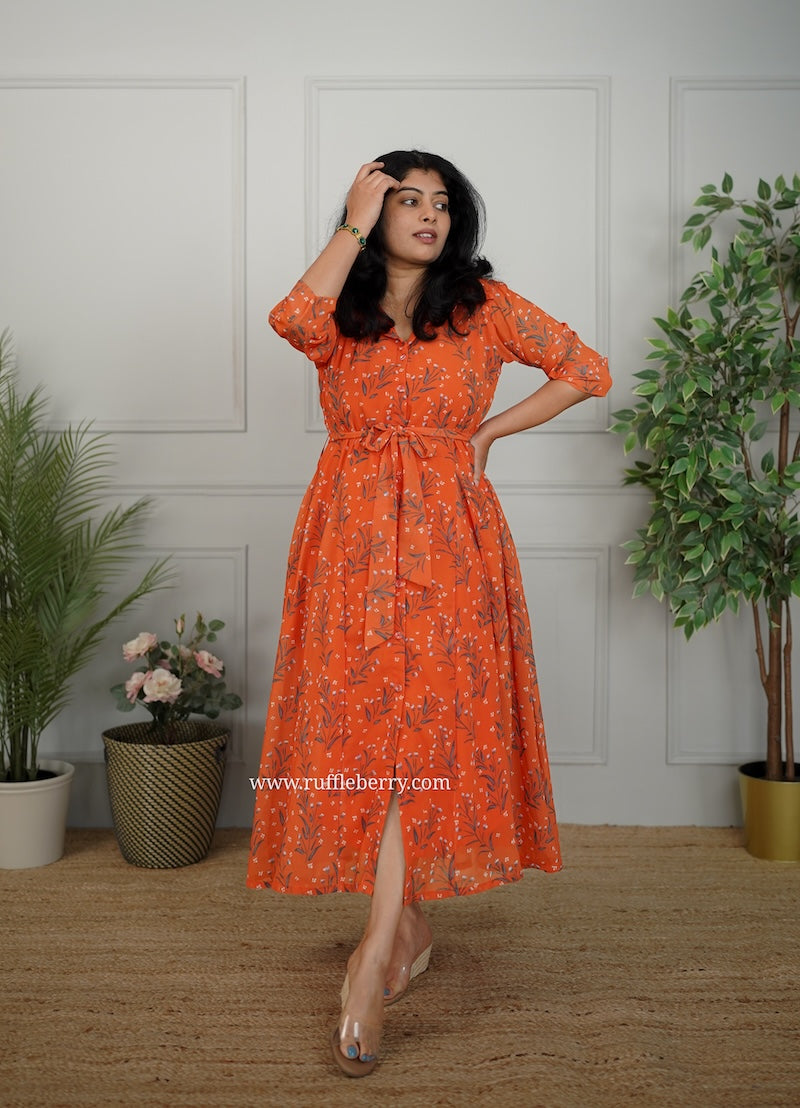 jasbi orange flared georgette shirt dress