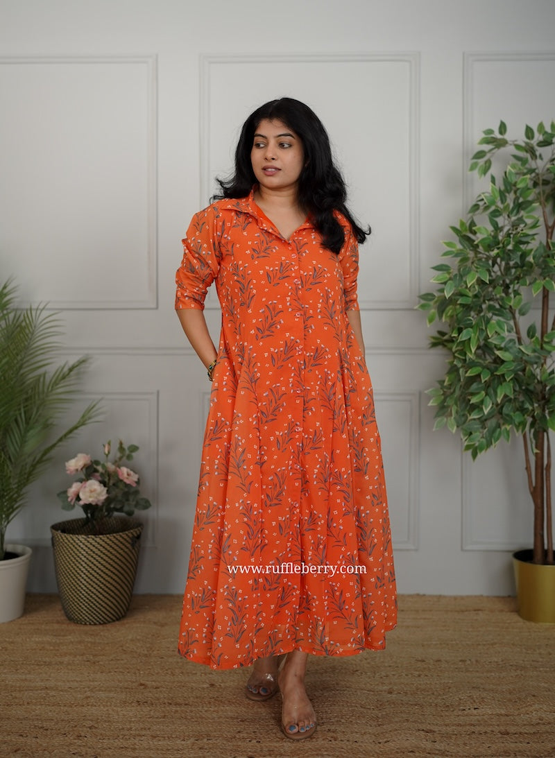 jasbi orange flared georgette shirt dress