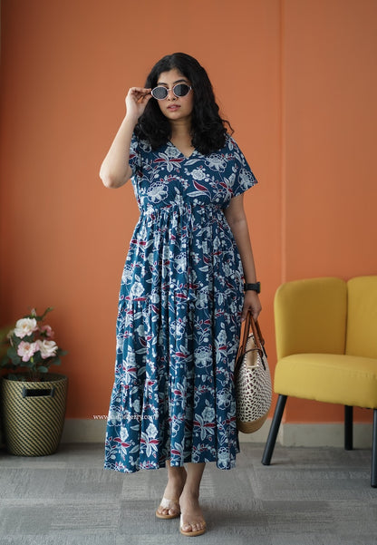 Iris Peacock Blue Cotton A-Line Dress