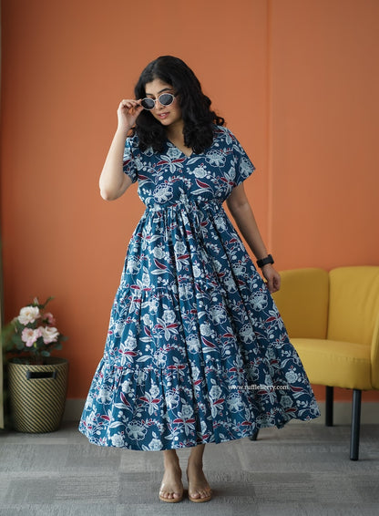 Iris Peacock Blue Cotton A-Line Dress