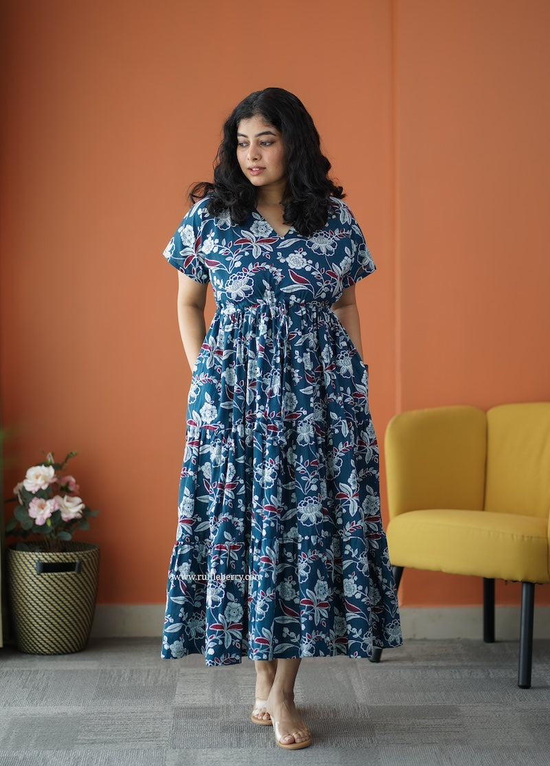 iris peacock blue cotton a-line dress